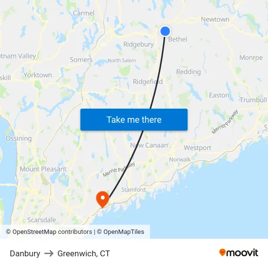 Danbury to Greenwich, CT map