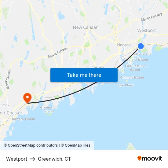 Westport to Greenwich, CT map