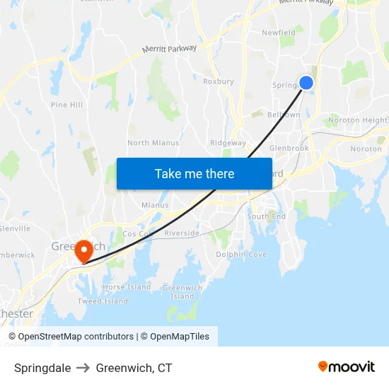Springdale to Greenwich, CT map