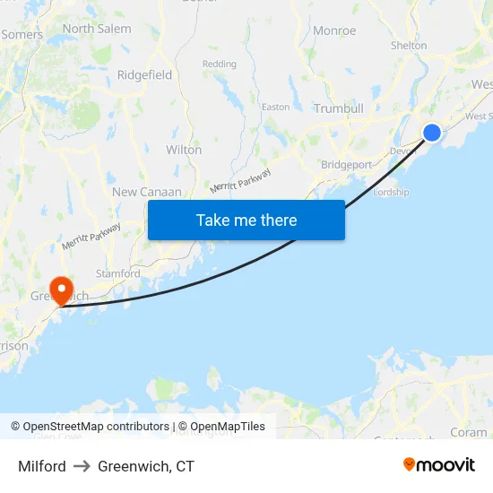 Milford to Greenwich, CT map