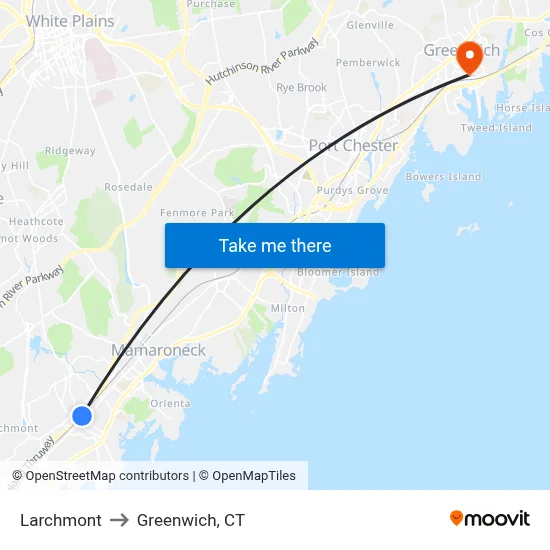 Larchmont to Greenwich, CT map