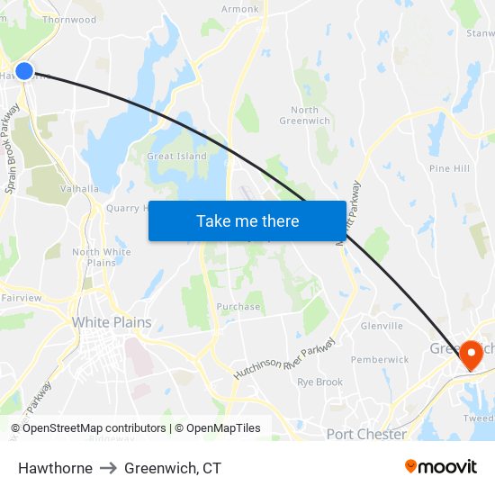 Hawthorne to Greenwich, CT map