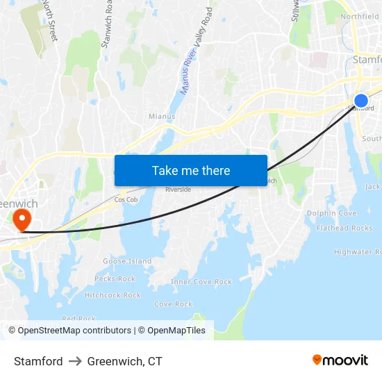 Stamford to Greenwich, CT map