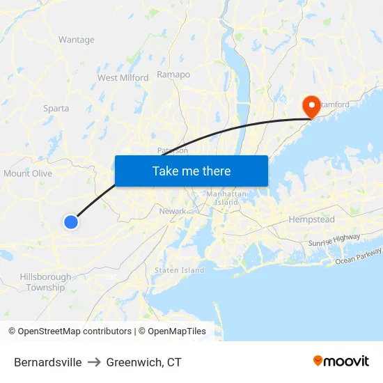 Bernardsville to Greenwich, CT map