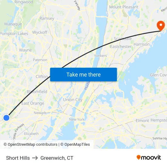 Short Hills to Greenwich, CT map