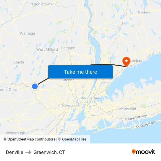 Denville to Greenwich, CT map