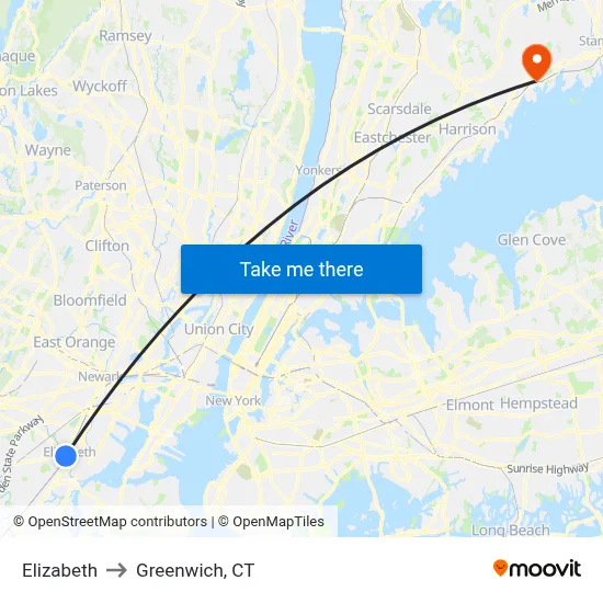 Elizabeth to Greenwich, CT map