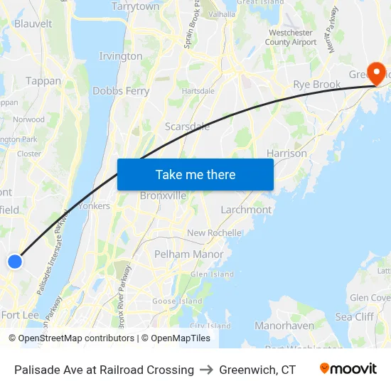 Palisade Ave at Railroad Crossing to Greenwich, CT map
