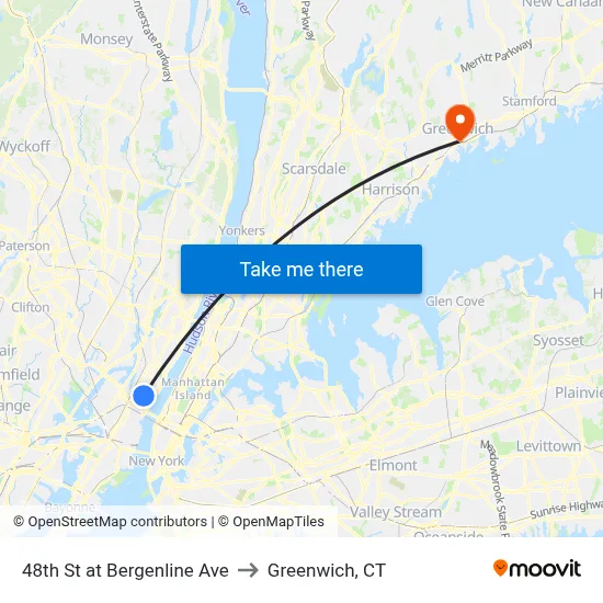 48th St at Bergenline Ave to Greenwich, CT map