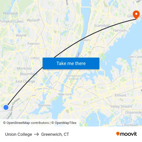 Union College to Greenwich, CT map