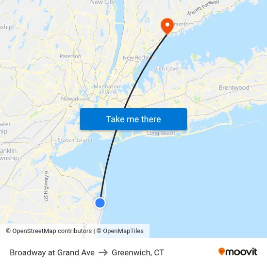 Broadway at Grand Ave to Greenwich, CT map