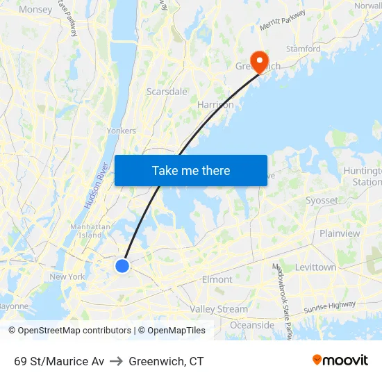 69 St/Maurice Av to Greenwich, CT map
