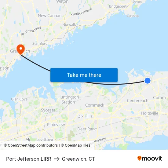 Port Jefferson LIRR to Greenwich, CT map
