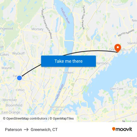 Paterson to Greenwich, CT map