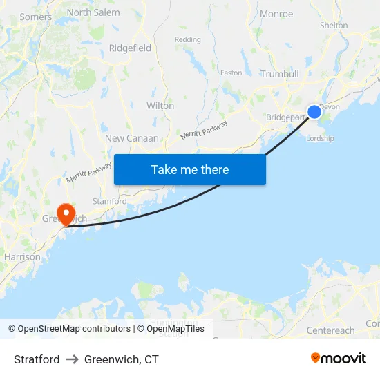 Stratford to Greenwich, CT map