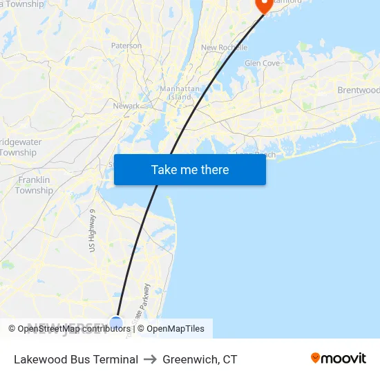 Lakewood Bus Terminal to Greenwich, CT map