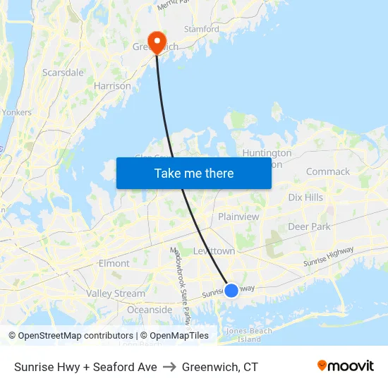 Sunrise Hwy + Seaford Ave to Greenwich, CT map