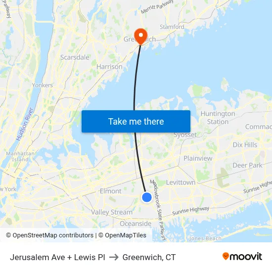 Jerusalem Ave + Lewis Pl to Greenwich, CT map