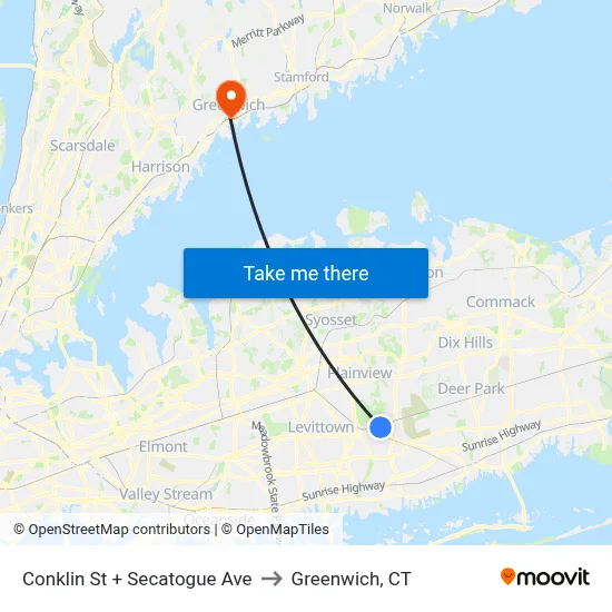 Conklin St + Secatogue Ave to Greenwich, CT map