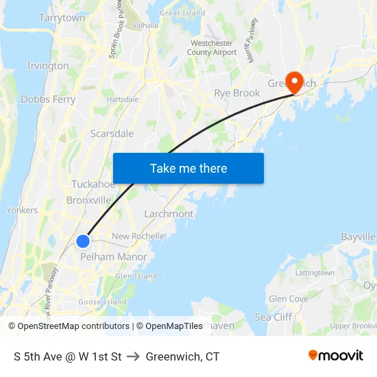 S 5th Ave @ W 1st St to Greenwich, CT map