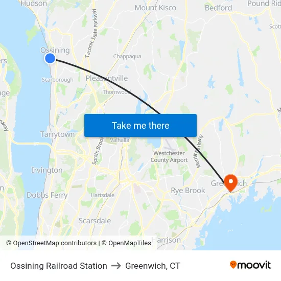 Ossining Railroad Station to Greenwich, CT map