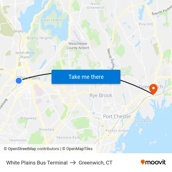 White Plains Bus Terminal to Greenwich, CT map