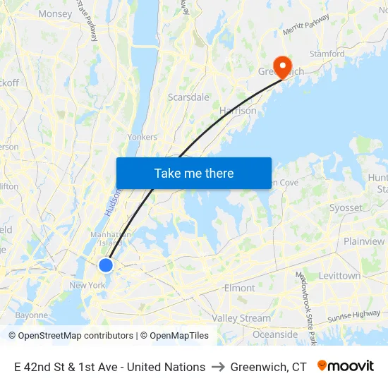 E 42nd St & 1st Ave - United Nations to Greenwich, CT map