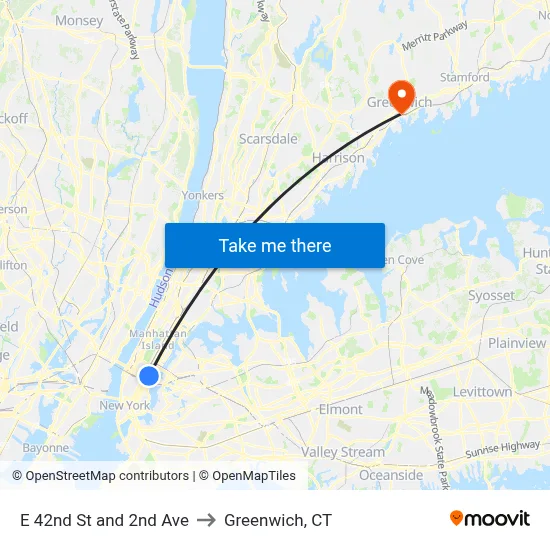 E 42nd St and 2nd Ave to Greenwich, CT map