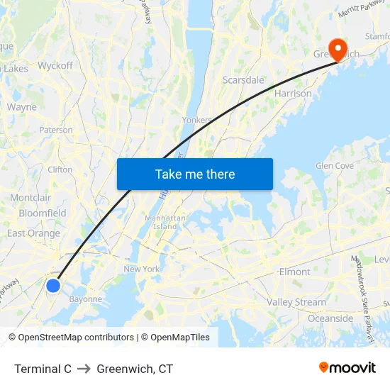 Terminal C to Greenwich, CT map