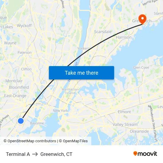 Terminal A to Greenwich, CT map
