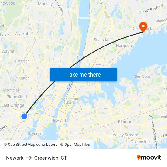 Newark to Greenwich, CT map