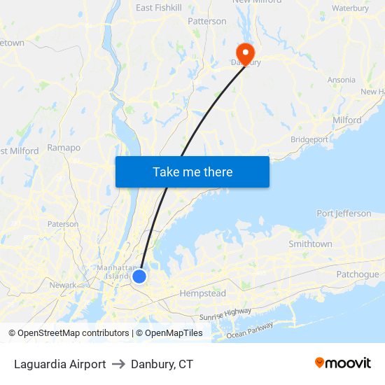 Laguardia Airport to Danbury, CT map
