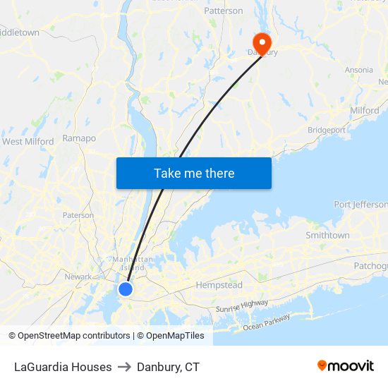 LaGuardia Houses to Danbury, CT map