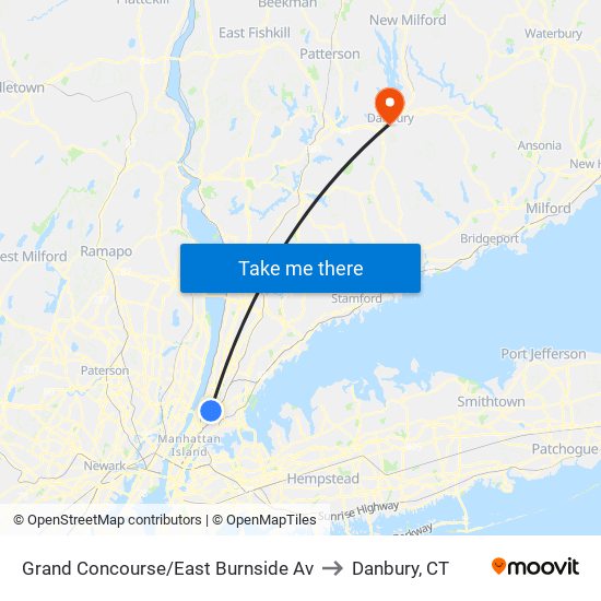 Grand Concourse/East Burnside Av to Danbury, CT map