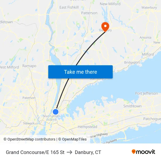 Grand Concourse/E 165 St to Danbury, CT map