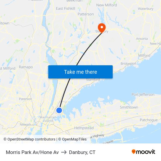 Morris Park Av/Hone Av to Danbury, CT map