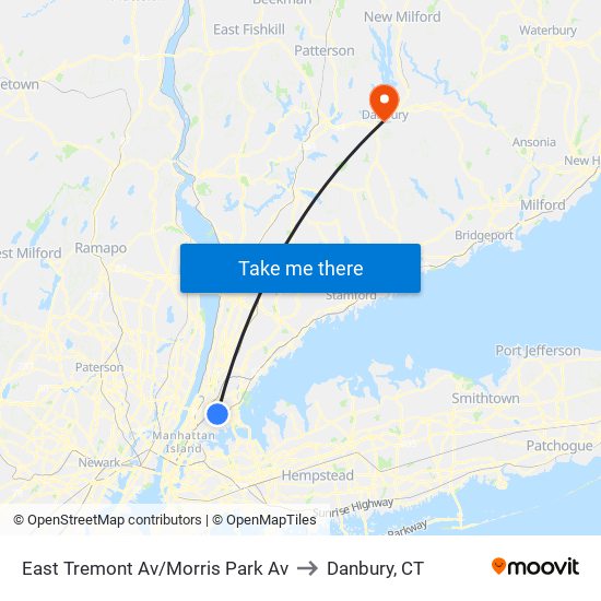 East Tremont Av/Morris Park Av to Danbury, CT map