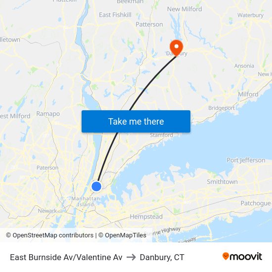 East Burnside Av/Valentine Av to Danbury, CT map