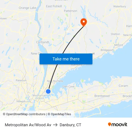 Metropolitan Av/Wood Av to Danbury, CT map