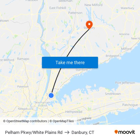 Pelham Pkwy/White Plains Rd to Danbury, CT map