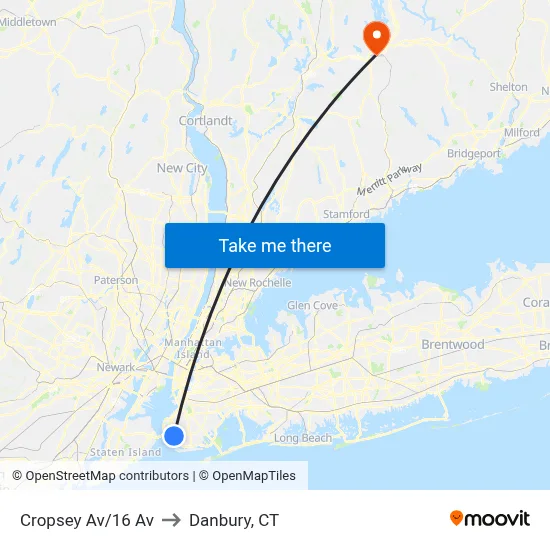 Cropsey Av/16 Av to Danbury, CT map