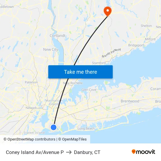 Coney Island Av/Avenue P to Danbury, CT map