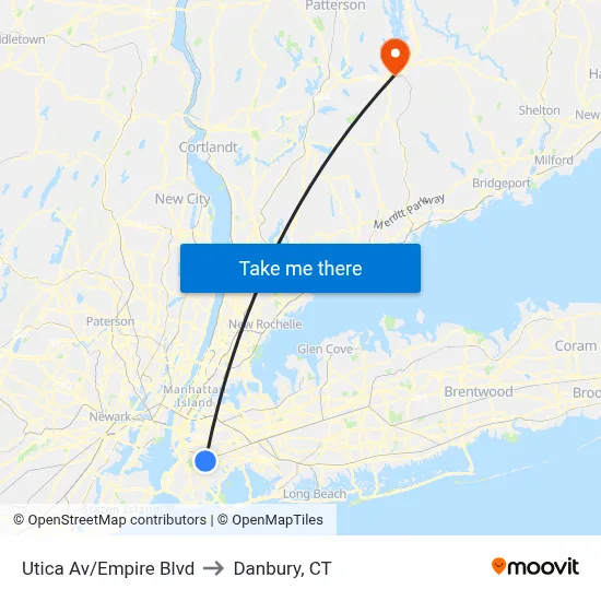 Utica Av/Empire Blvd to Danbury, CT map