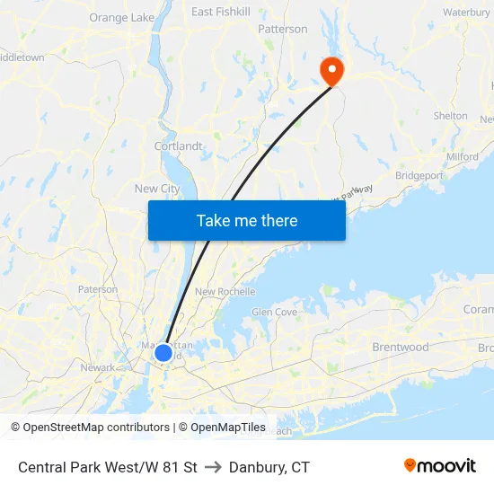 Central Park West/W 81 St to Danbury, CT map
