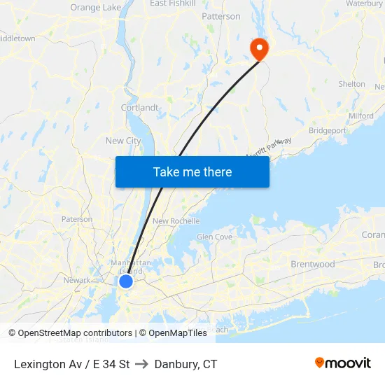 Lexington Av / E 34 St to Danbury, CT map