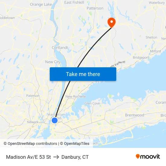 Madison Av/E 53 St to Danbury, CT map