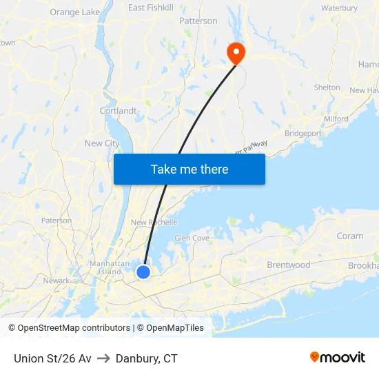 Union St/26 Av to Danbury, CT map