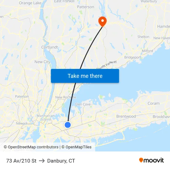 73 Av/210 St to Danbury, CT map