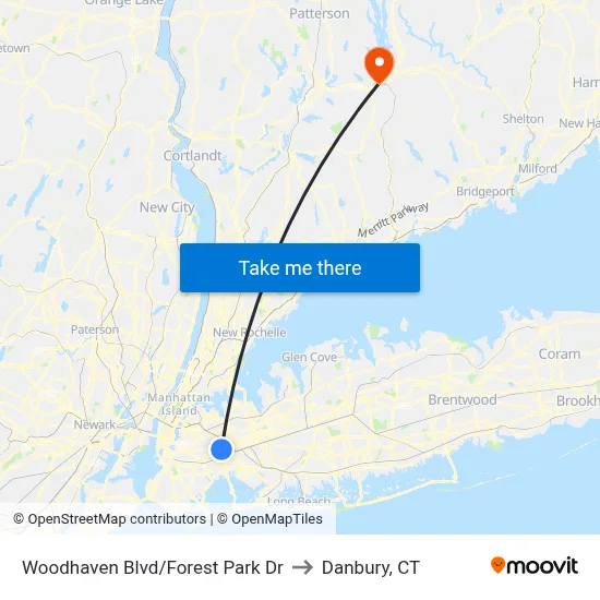 Woodhaven Blvd/Forest Park Dr to Danbury, CT map