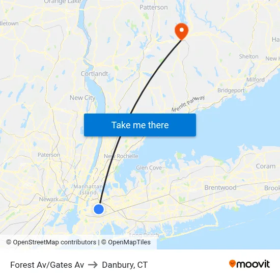 Forest Av/Gates Av to Danbury, CT map